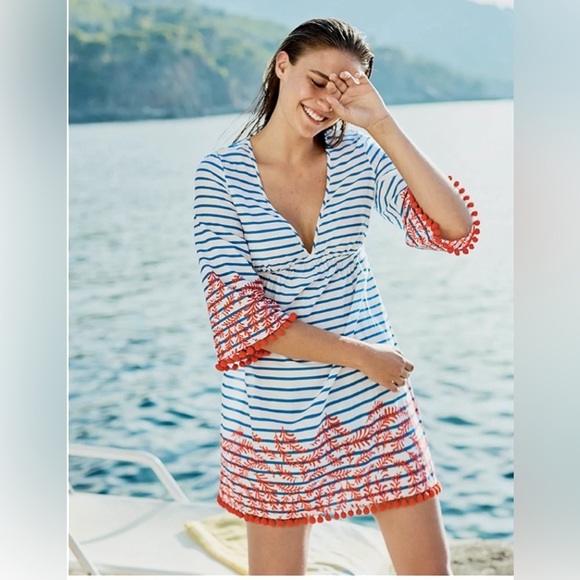 Boden Esmerelda Blue White Stripe Red Pom Pom Beach Kaftan Swim Cover-up Sz 8 - Picture 1 of 7